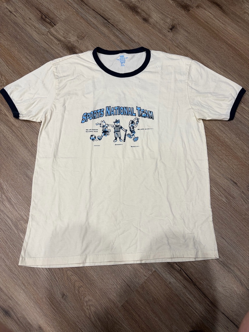 Vintage Cream and Navy Ringer Tee with 'Sports National Team' Graphic